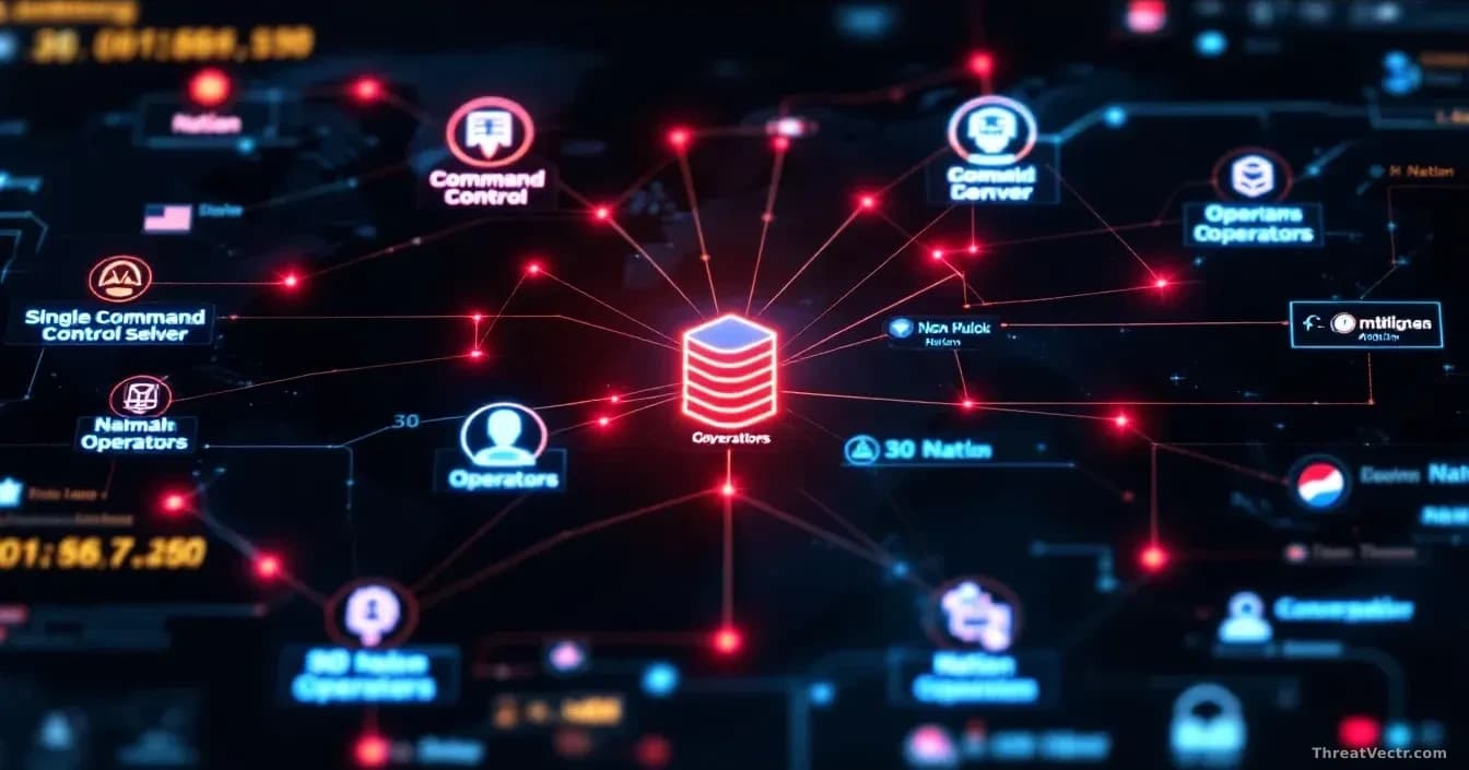 A network diagram on a security analyst's screen showing a single command-and-control server connected to 30 operators across different nations, with government