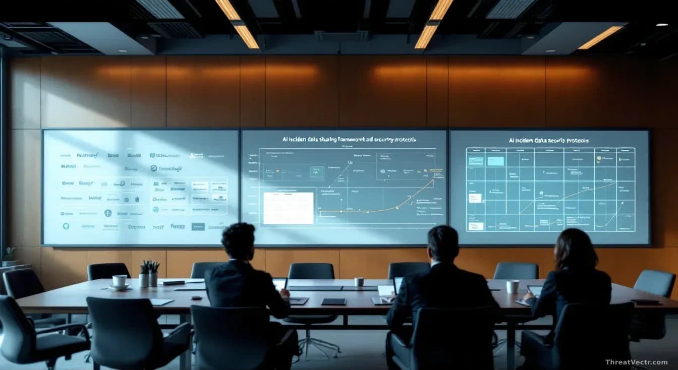 A conference room with corporate logos from major tech companies on whiteboards, charts showing AI incident data sharing frameworks and security protocols