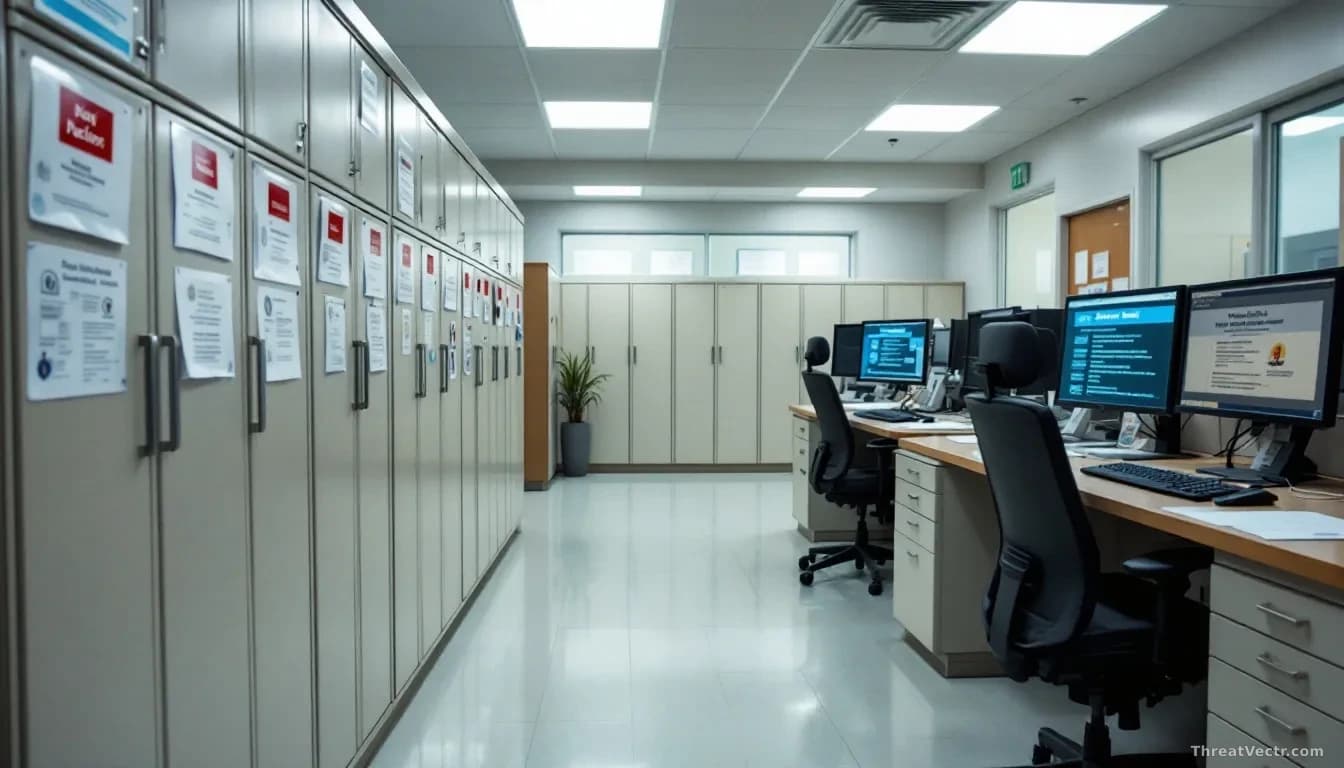 A medical records office with file cabinets and computers displaying patient data, with breach notification documents visible on desks