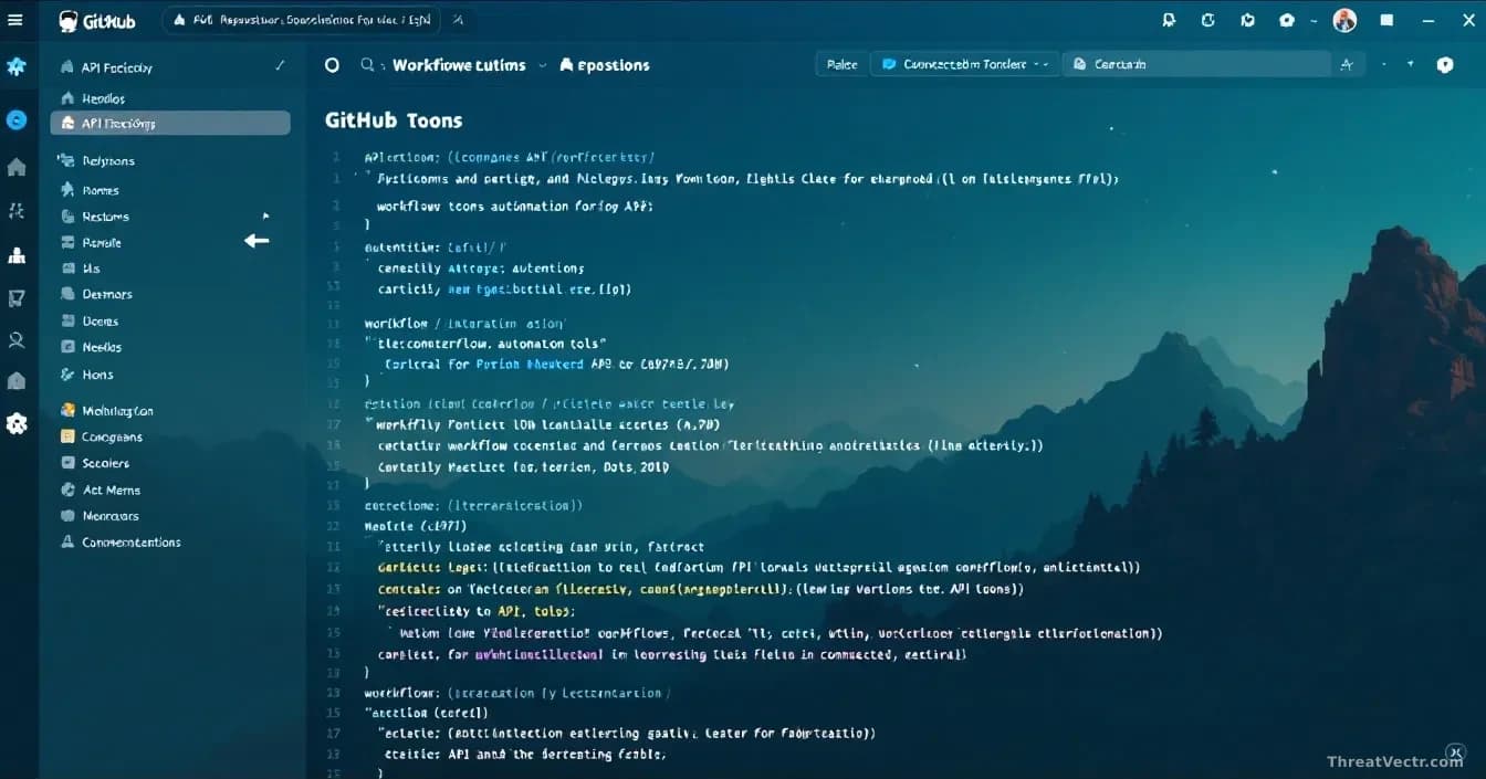 A GitHub repository page with API tokens and authentication keys visible in commit history, workflow automation tools listed in connected integrations