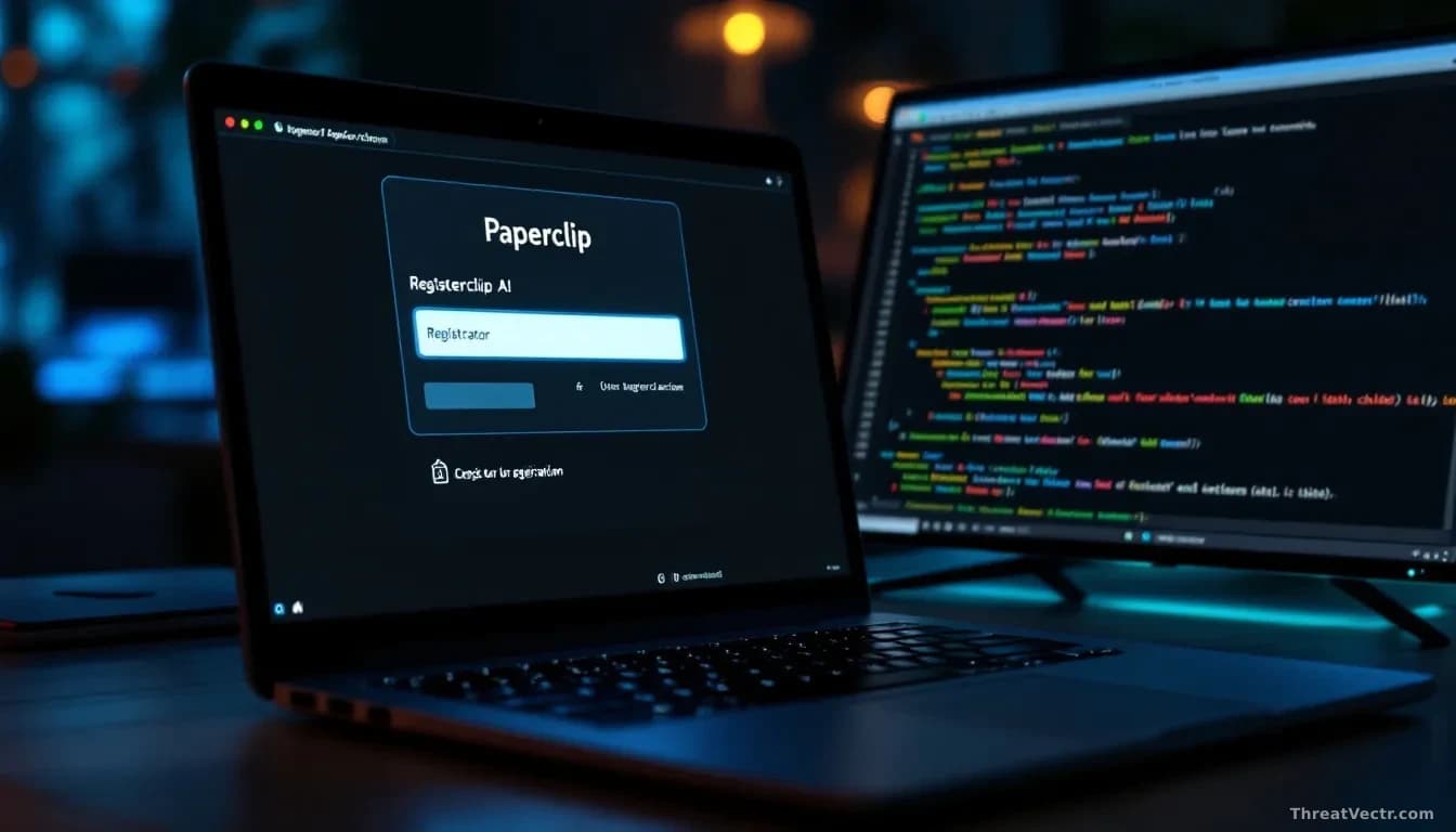 A developer's laptop showing the Paperclip AI platform interface with a registration form, suspicious command execution visible in the terminal behind it
