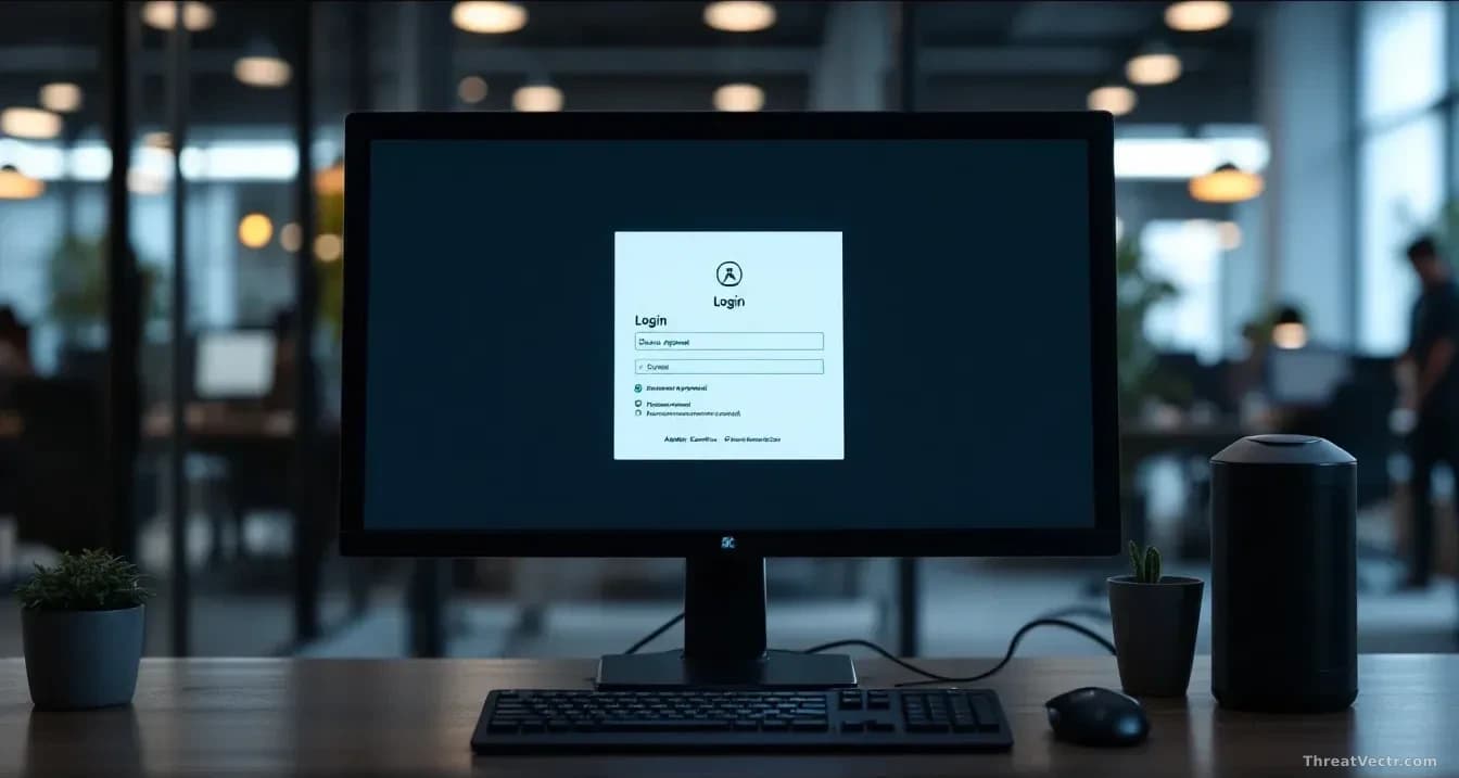 A Windows login screen being displayed on a corporate office computer, with device approval prompts visible and attacker control indicators in the system tray