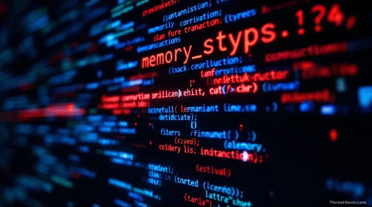 A Linux terminal window with root privilege indicators flashing, memory corruption data visualized as corrupted bytes on the screen
