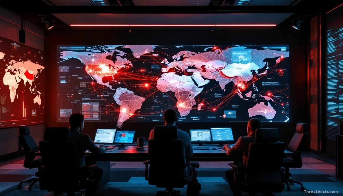 A war room with military-style maps and cyber attack visualizations on large screens, showing interconnected data nodes representing digital and physical confli