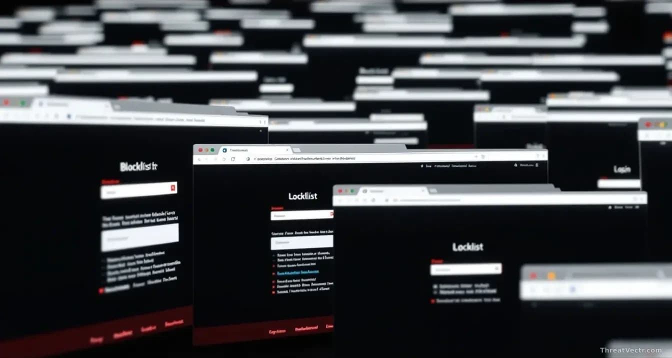Multiple fake login pages loading rapidly across browser tabs, with blocklist databases shown as outdated in the taskbar