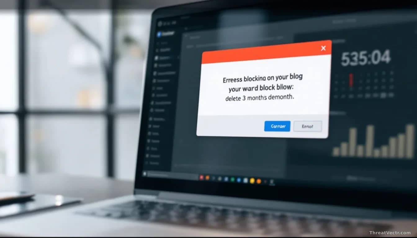 A computer monitor displaying an error notification blocking access to a blog dashboard, with a calendar showing the three-month deletion countdown in the backg