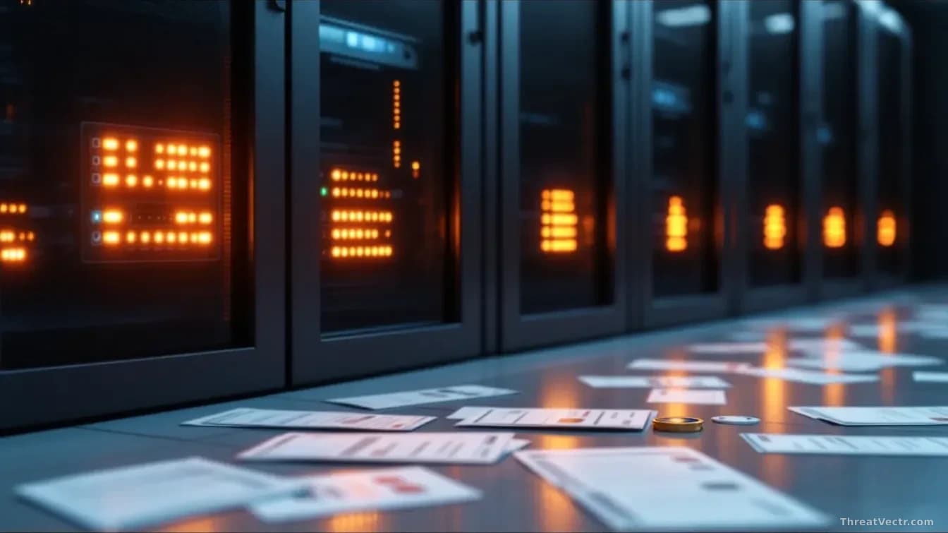 A server rack with warning lights illuminated, credential forms and access tokens scattered across the floor beneath open panel doors