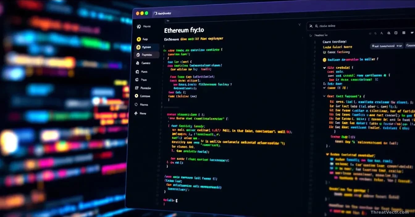 A code repository or npm package manager interface on screen showing package listings, with an Ethereum blockchain explorer window open in the background displa