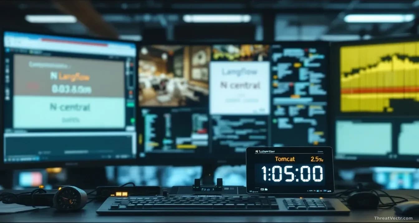 A federal government IT operations center with multiple screens displaying three different vulnerability alerts simultaneously—Langflow, N-central, and Tomcat p