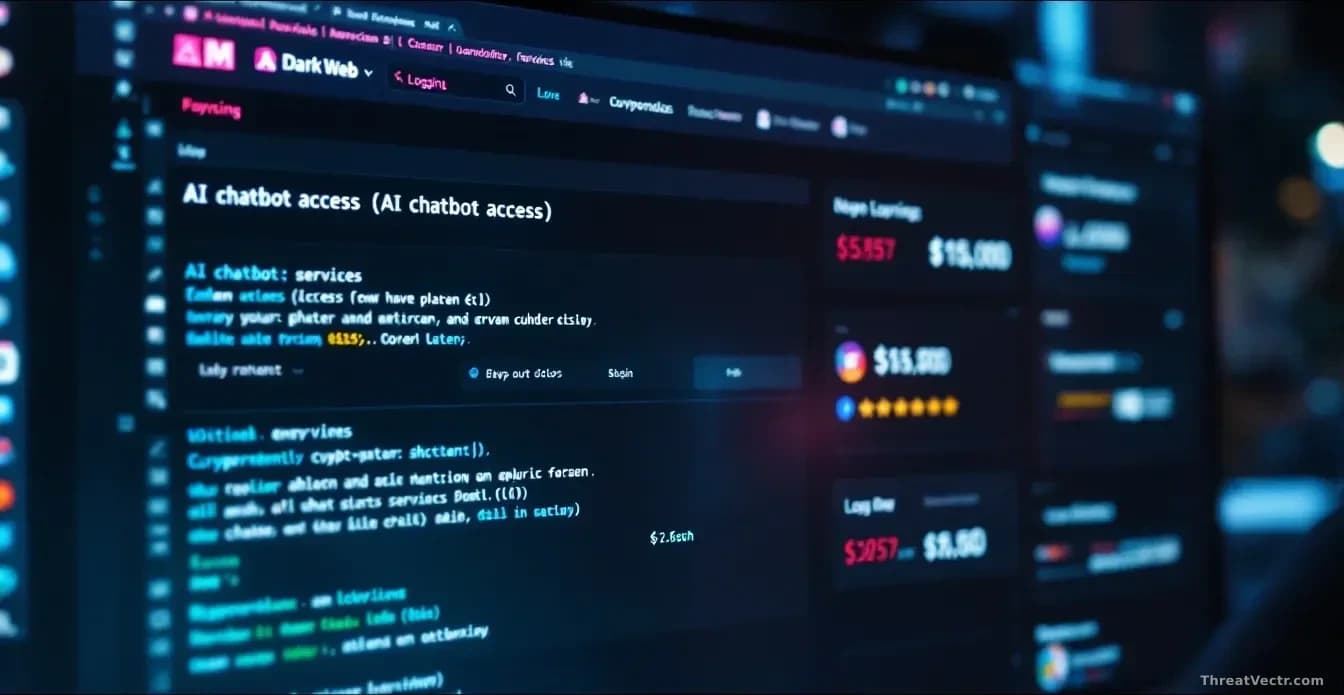 A dark web forum marketplace layout displayed on a monitor, with listings for AI chatbot access services visible, cryptocurrency payment options shown, and a lo