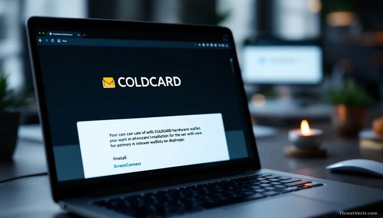 An email inbox showing a phishing message with COLDCARD hardware wallet branding, an installation dialog in the background, and subtle indicators of the ScreenC