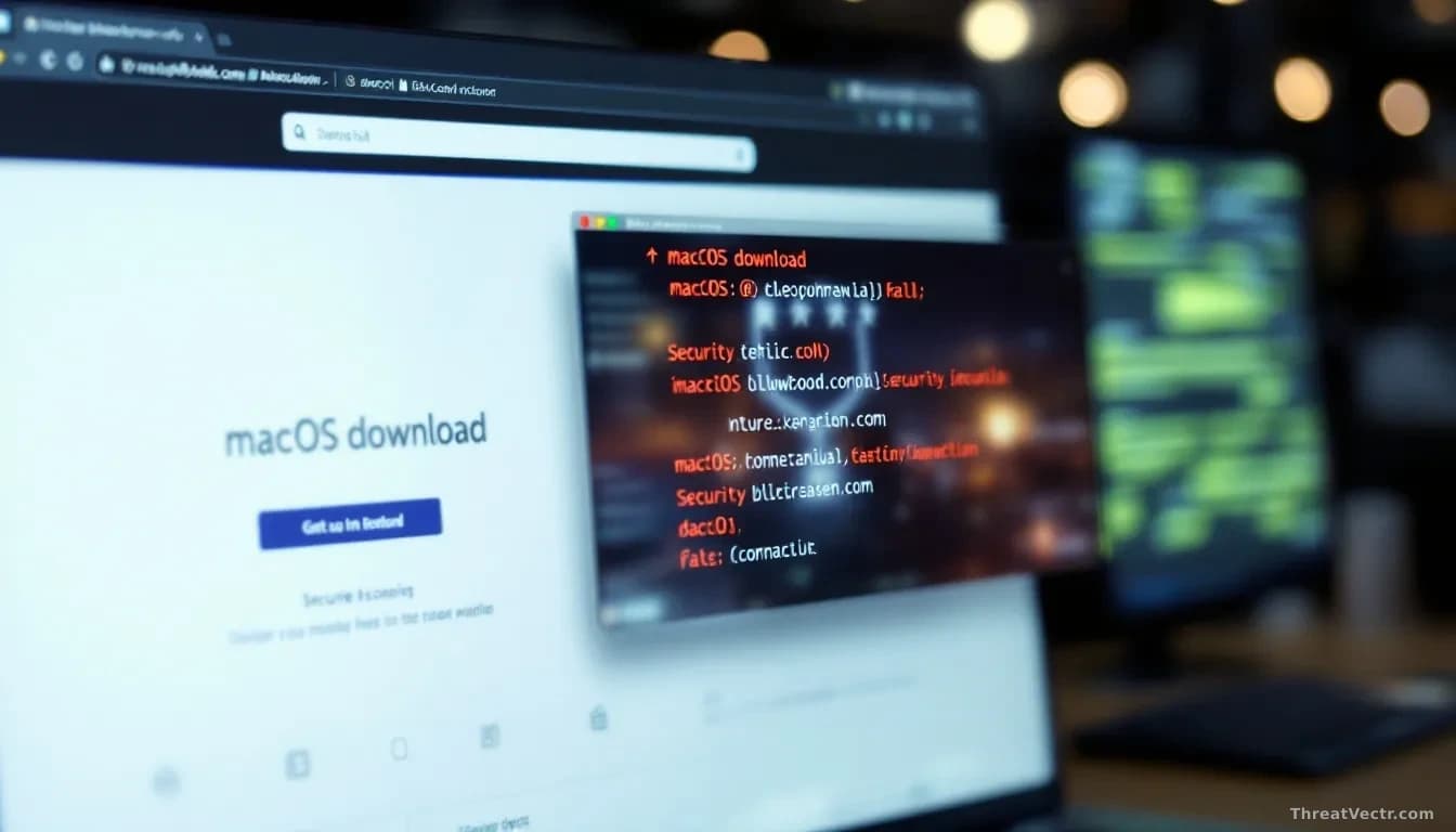 A browser window showing a fake macOS download page with a security warning overlay and multiple domain names partially visible in the address bar or browser ta