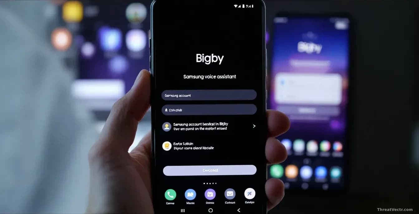 A Samsung Galaxy phone screen showing the Bixby voice assistant interface activated, with visible Samsung account login screens in the background, multiple app