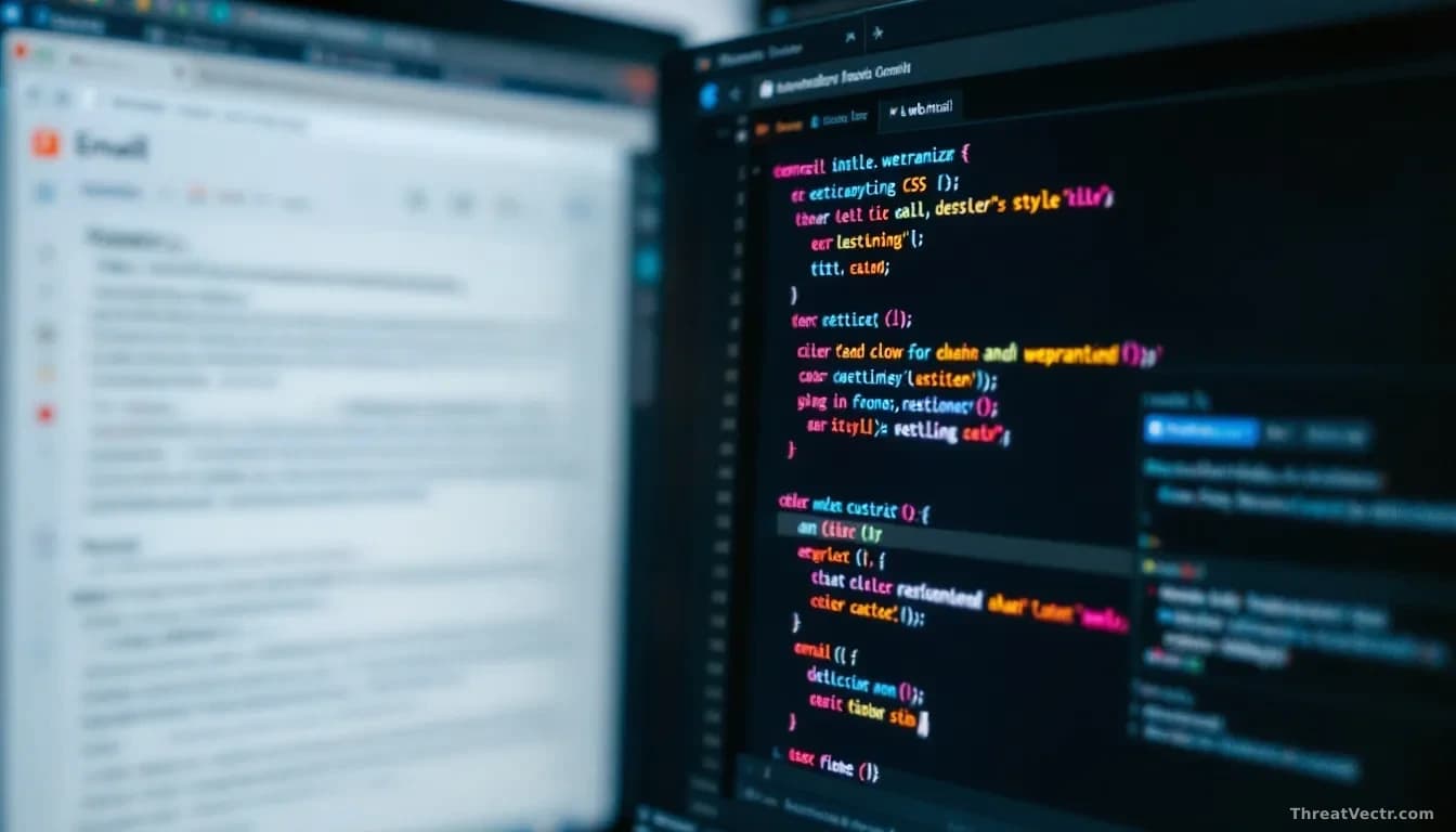A webmail inbox open on a computer screen with an email visible, while in a split-panel developer view, CSS code is highlighted showing how styling code can be