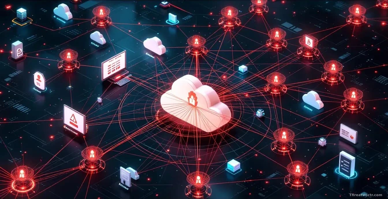 An expansive network diagram showing multiple interconnected systems—applications, cloud services, and accounts—with red lines tracing a complex attack path tha