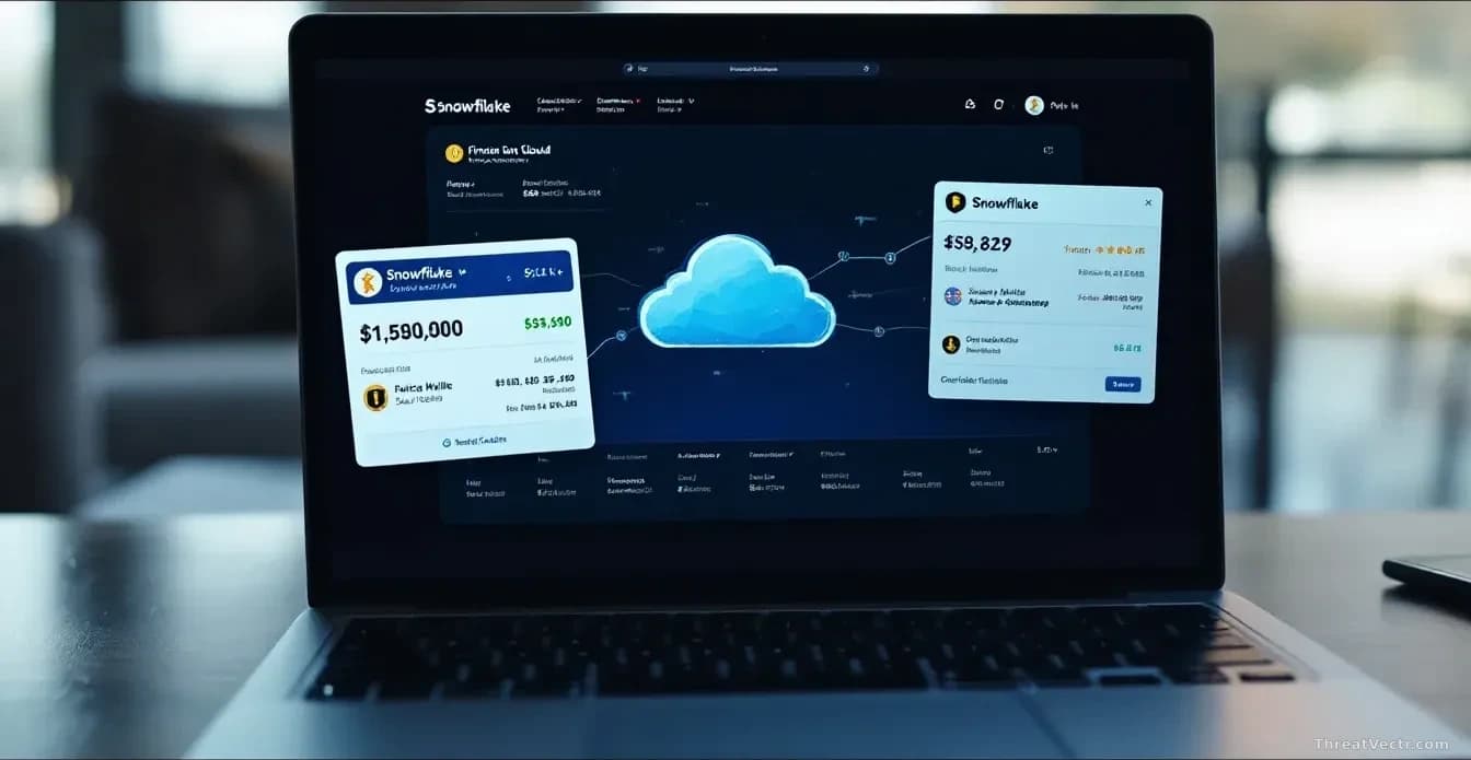 A laptop displaying a Snowflake cloud interface with financial transaction notifications and cryptocurrency wallet addresses visible on adjacent windows, police