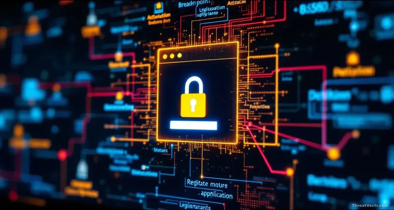 A web application login page displayed on a monitor with a padlock icon, while in the background a network diagram shows multiple breach points, red lines indic