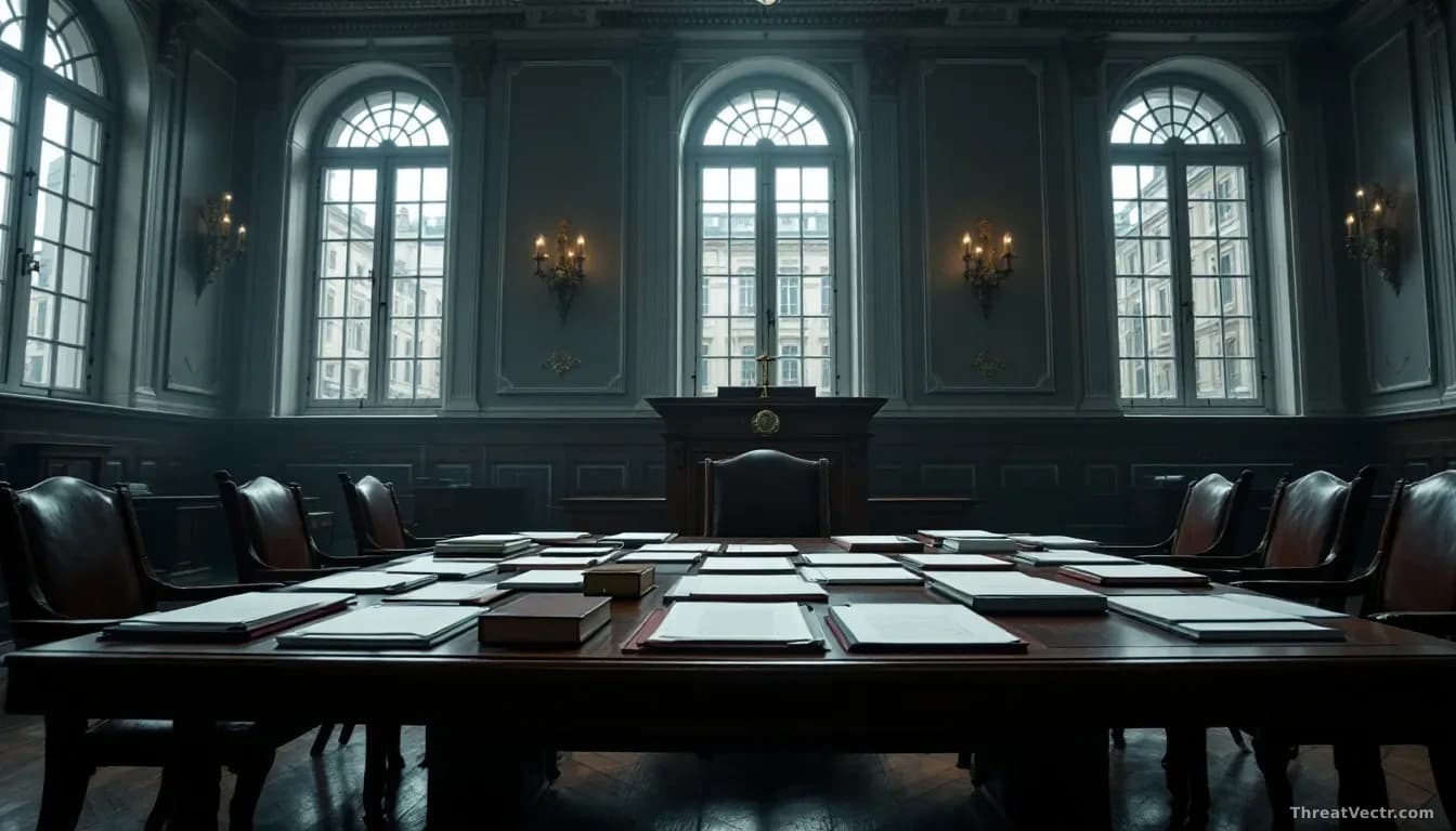 A serious courtroom or official government setting with European architecture visible through windows, papers and case files spread across a wooden table, stern