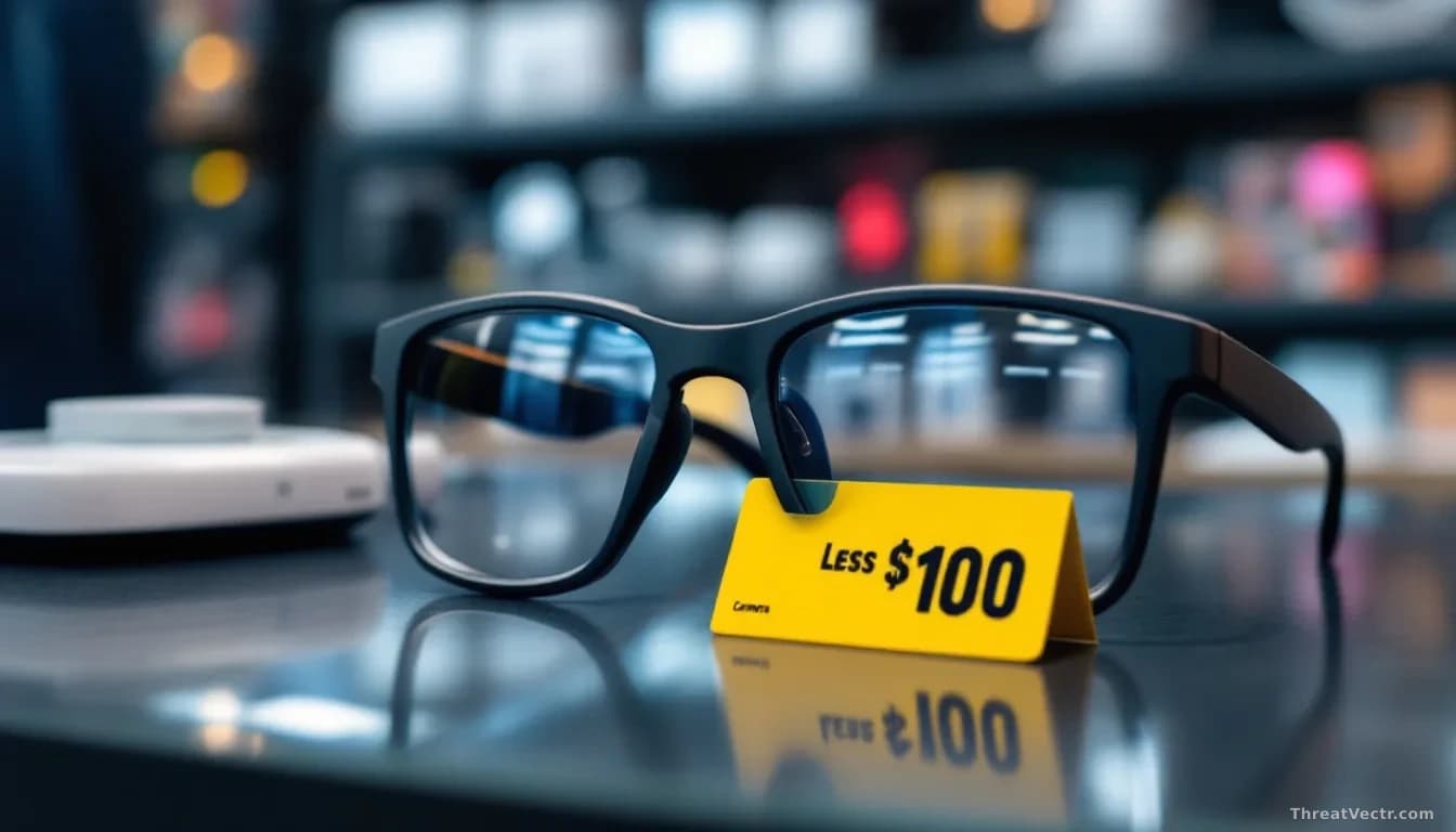 A pair of sleek camera glasses sitting on a retail shelf display next to a price tag reading less than $100, surrounded by innocent-looking consumer electronics