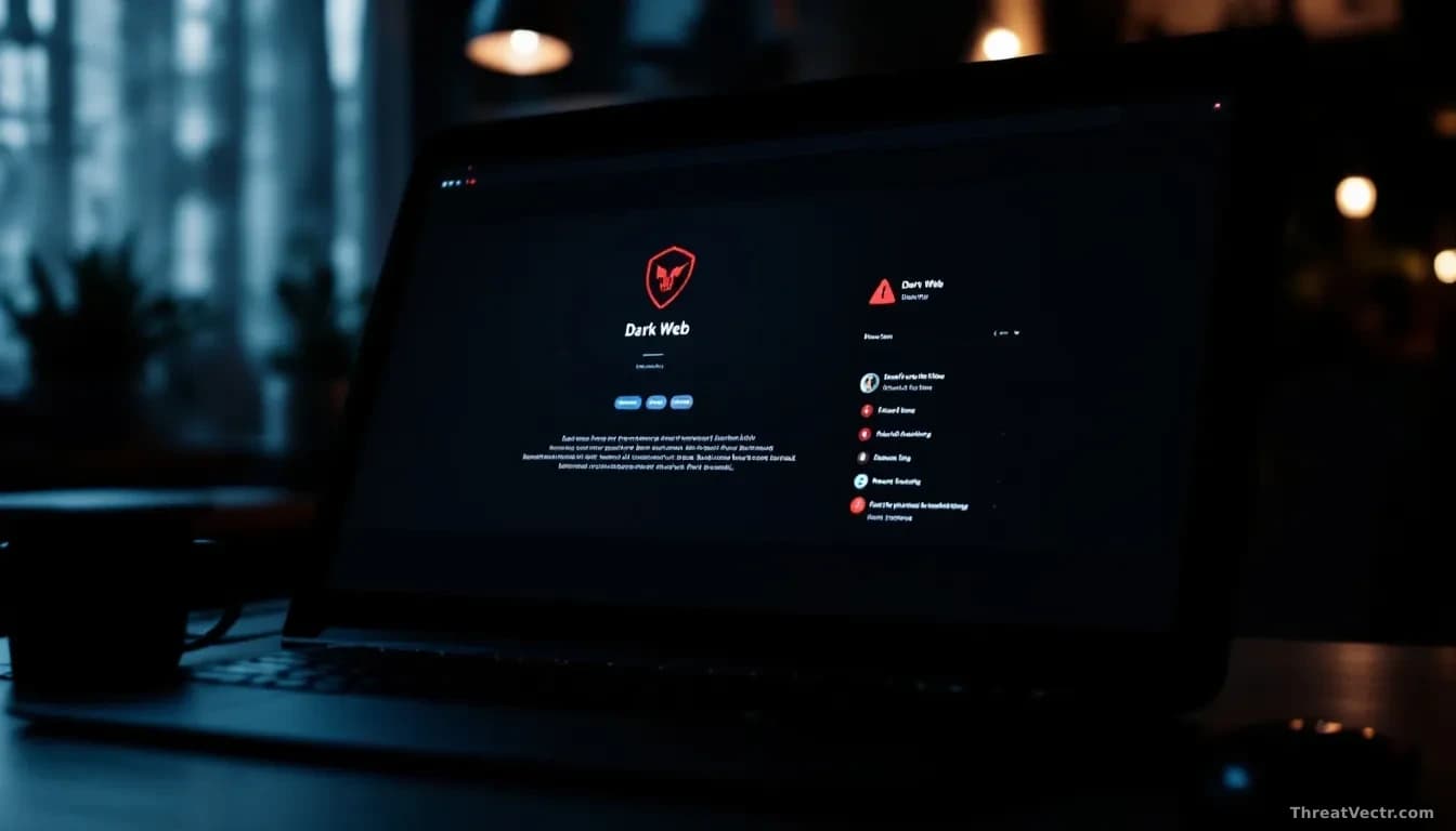 A dark-themed computer screen displaying a minimalist dark-web marketplace interface with red warning symbols and profile listings, with keyboard and mouse in s