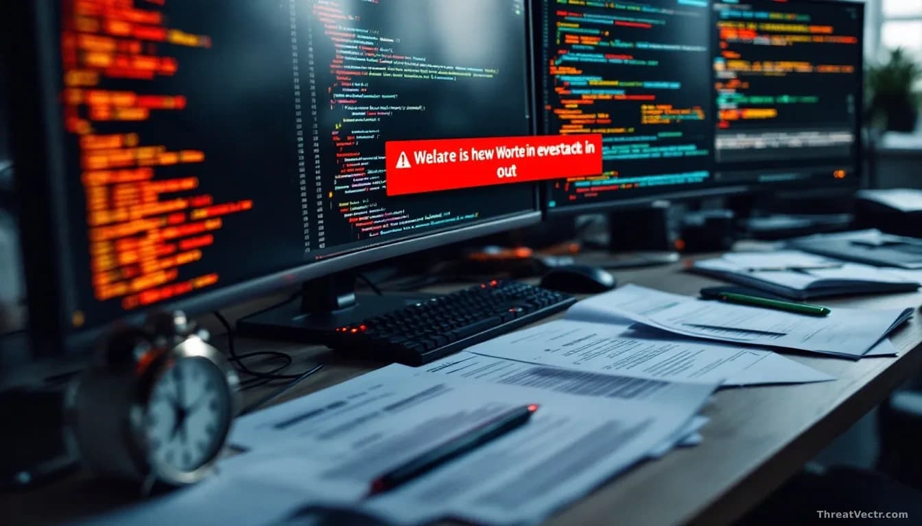 A close-up of a developer's desk with multiple monitors displaying code and warning alerts, with a red notification banner visible on the central screen, urgent
