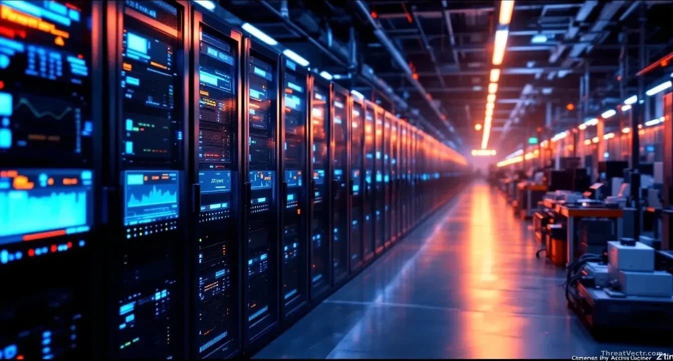 Network hardware warehouse or manufacturing facility with rows of Zbtlink routers, factory equipment and assembly lines visible, with server racks and network m