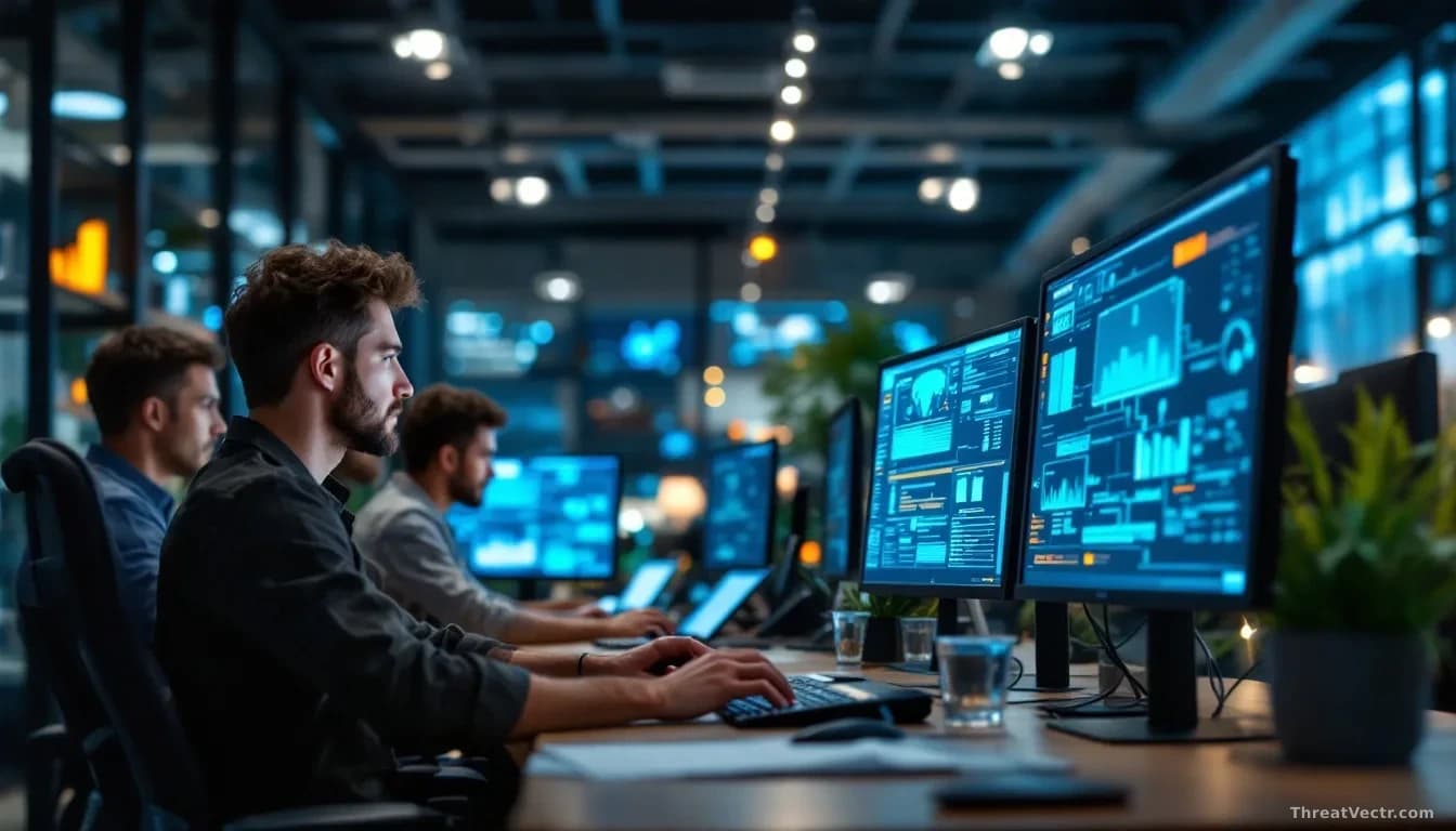 An enterprise office environment with employees using AI-assisted software tools at their workstations, network visualizations showing automated agents making u