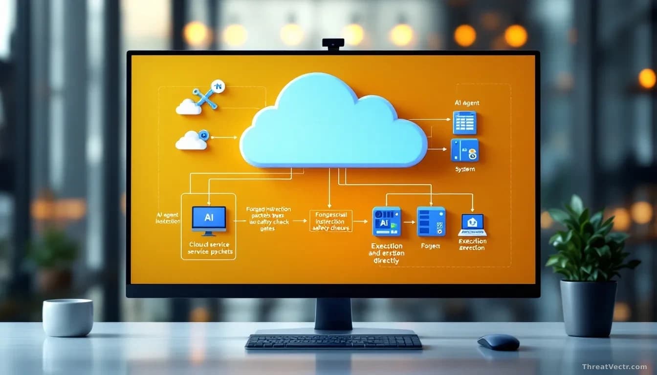 Cloud service provider architecture displayed on a monitor with AI agent systems connected to external tools, showing forged instruction packets bypassing safet