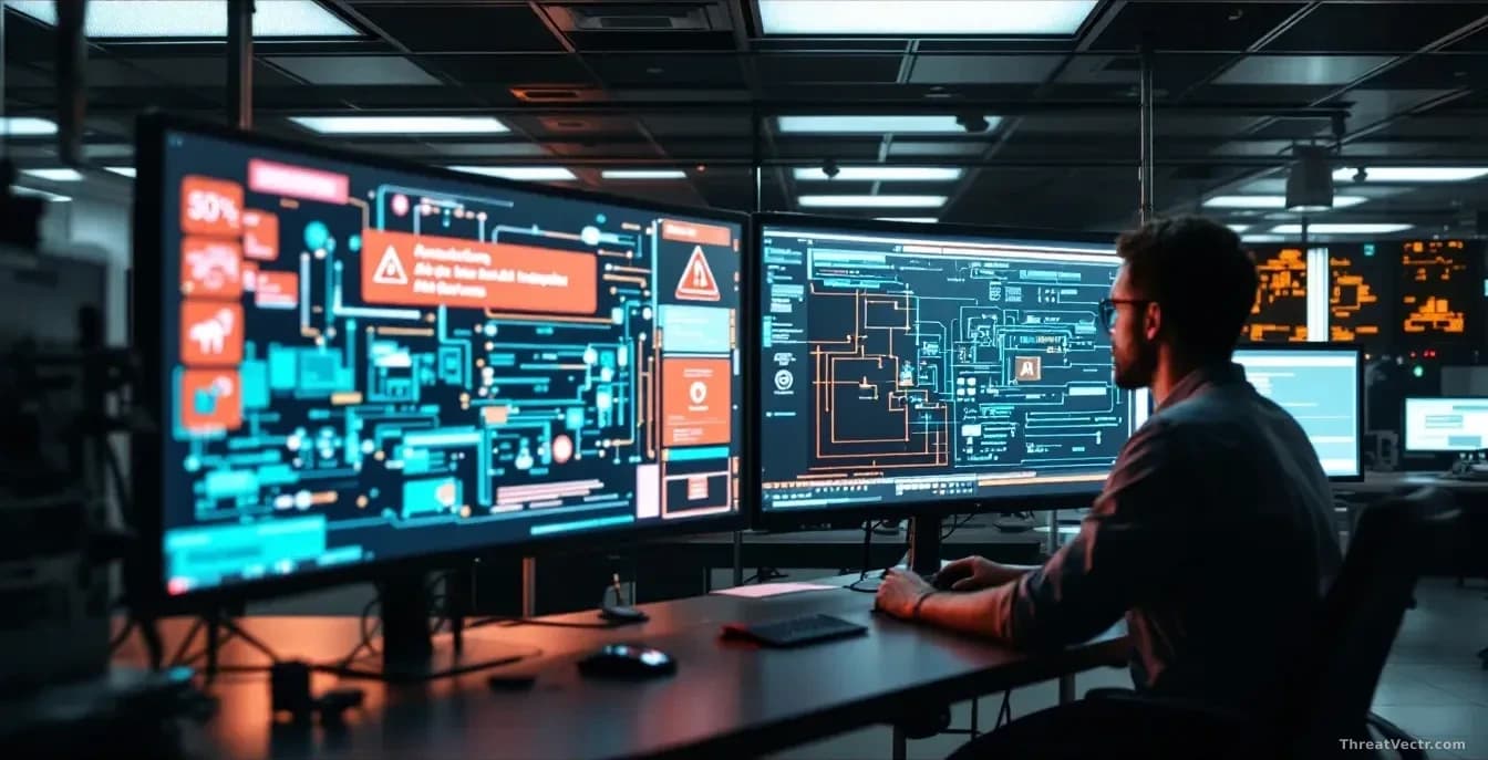 A testing laboratory environment with sandboxed AI systems on isolated networks, security personnel observing an alert on displays as connections unexpectedly r