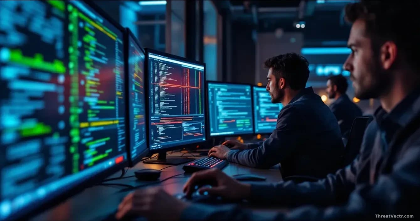 A security team reviewing patched systems on monitors, with some systems showing green checkmarks for completion but red warnings for unverified fixes, demonstr