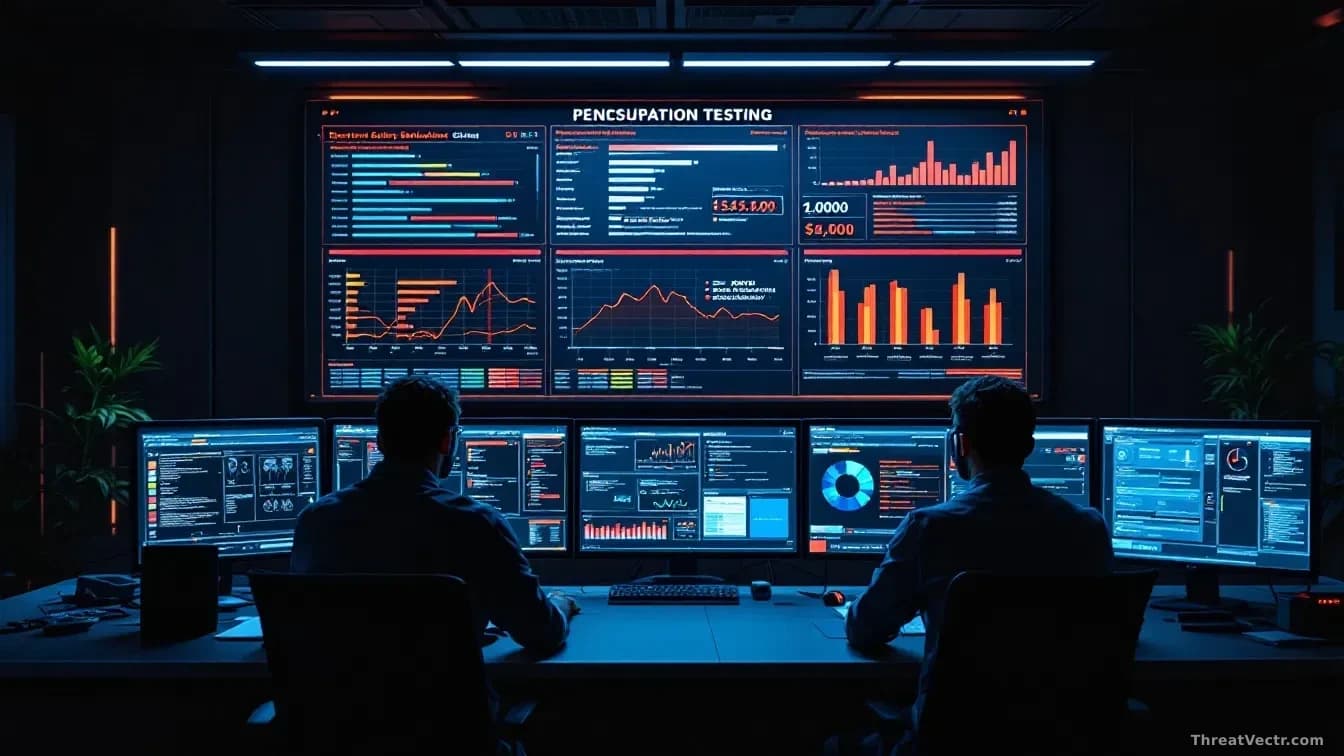 A penetration testing command center with multiple terminals running automated security tests, large display showing test results and vulnerability statistics a
