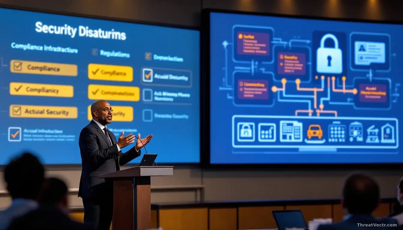 A conference or seminar setting with an experienced speaker at a podium, with compliance checkboxes and regulatory documents visible on large displays behind th