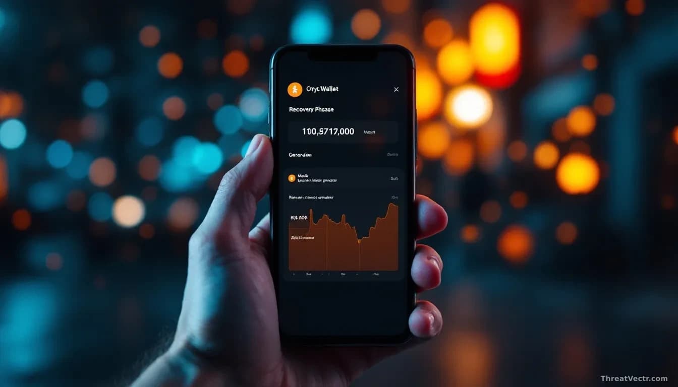 A cryptocurrency wallet application interface displayed on a phone screen, with recovery phrase generation happening in the background, and a weak random number
