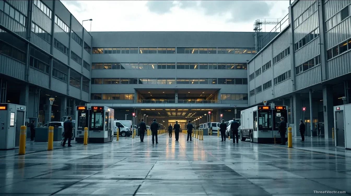 A large office building or industrial facility with security checkpoints and credential verification stations at the entrance, with government vehicles and offi