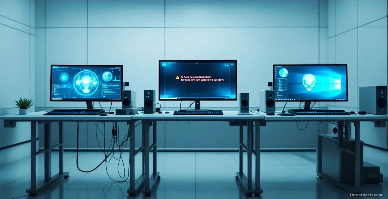 Three separate laboratory workstation setups side by side, each with testing equipment and monitors showing AI model outputs, with one screen displaying an erro
