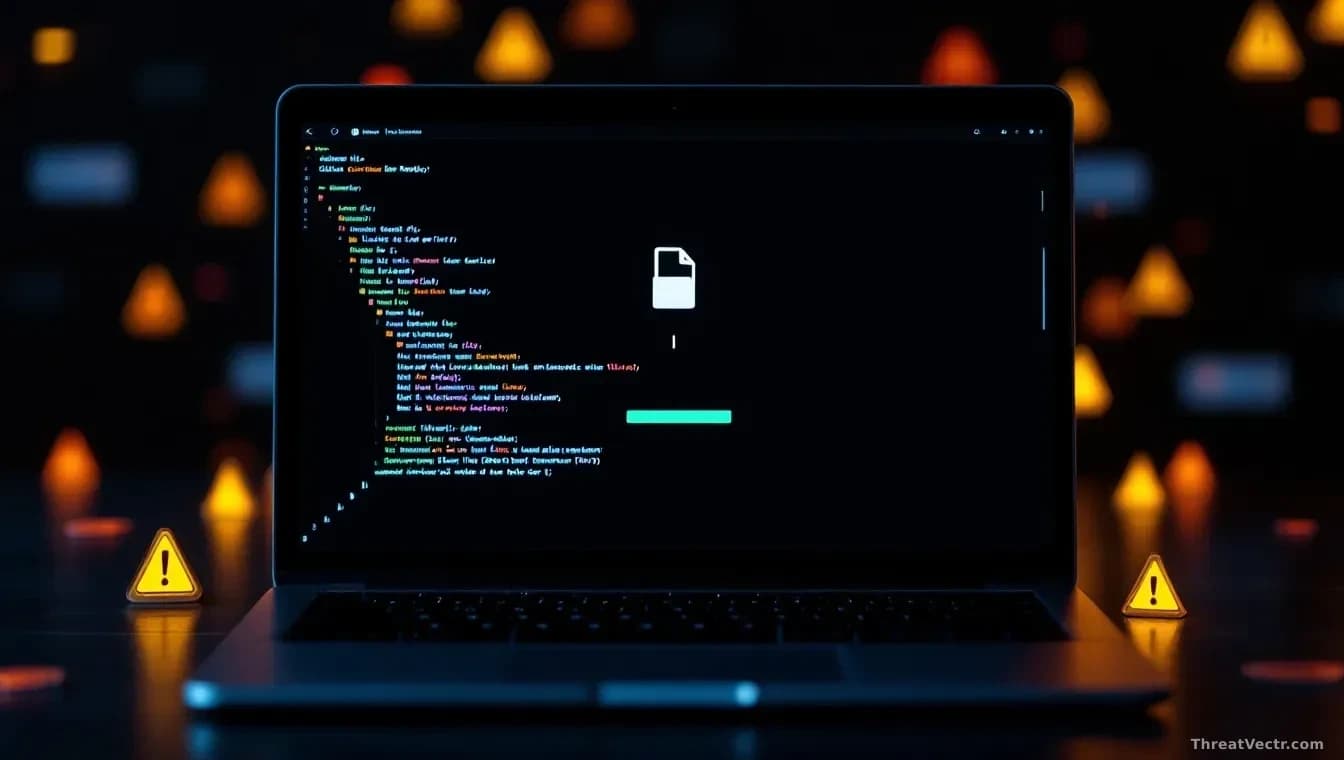A laptop screen displaying a simple repository interface with a single file being downloaded, surrounded by scattered warning symbols and alert notifications di
