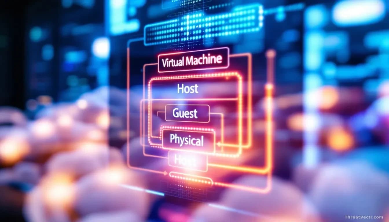 Nested virtual machine architecture diagram visualized on a screen, with a glowing vulnerability path shown breaking through from the innermost guest layer to t