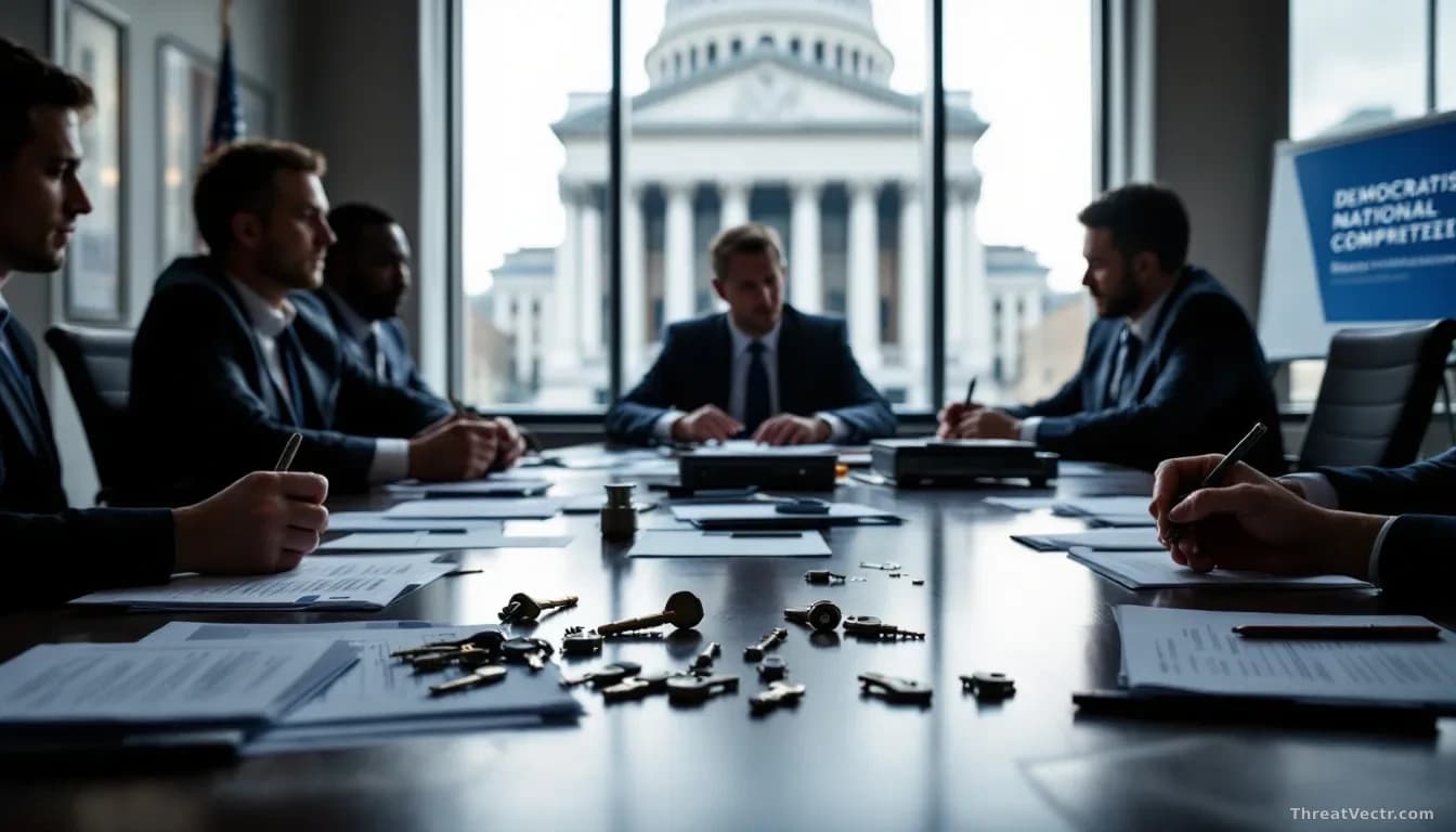 A conference room table with security personnel reviewing threat assessments and hardware security keys spread across documents, with Democratic National Commit