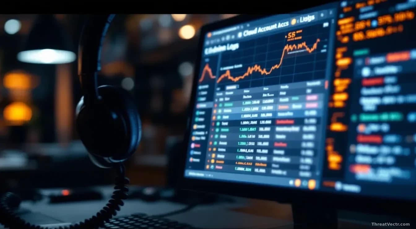 A telephone headset positioned next to a computer screen displaying cloud account access logs, representing the vishing attacks that preceded data theft from ma