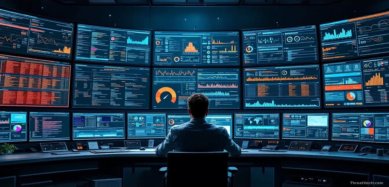 A security operations center dashboard overwhelmed with thousands of vulnerability alerts and scan results covering every inch of multiple monitors, with a mana