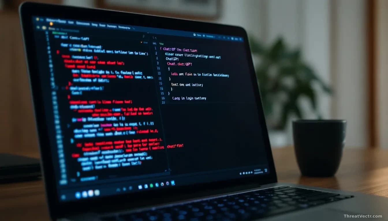 A laptop screen showing ChatGPT interface with code execution windows open and failed login attempt messages appearing repeatedly in the background, representin