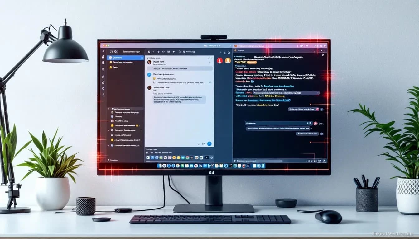 A computer workspace with ChatGPT-like interface open on the monitor, showing sensitive company data being input into a chat window, with security warning indic