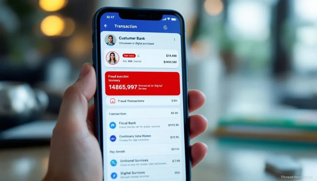 A bank app interface showing a transaction history with unusual large purchases for digital services highlighted in red, alongside a customer service chat windo