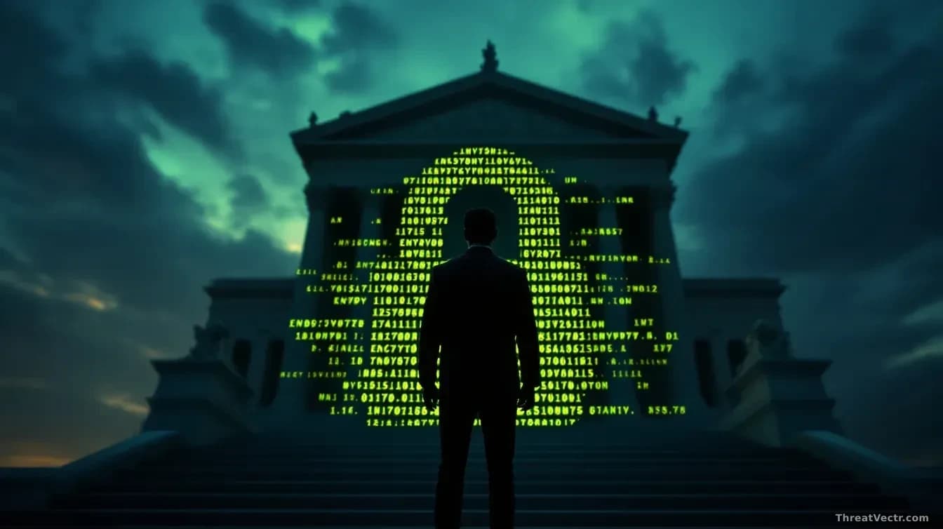 A silhouetted figure standing before a gavel and courthouse steps, with a locked encrypted message appearing as an impenetrable barrier in the foreground, symbo