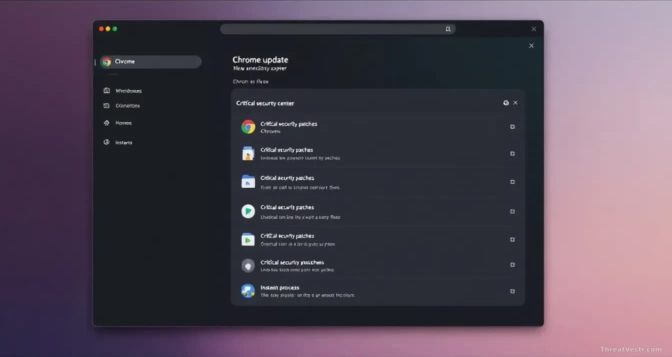 A browser window showing the Chrome update notification center with multiple critical security patches listed, and system processes running in the background to