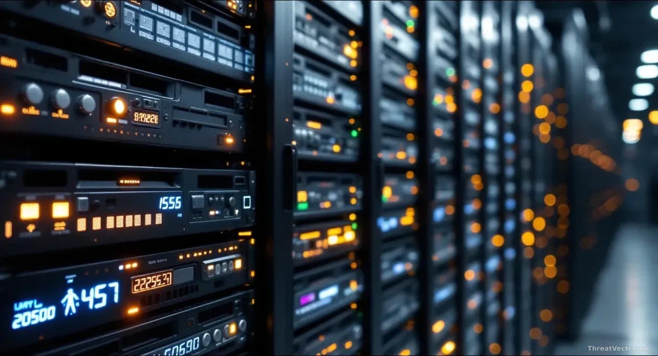 Multiple computer server racks photographed from an angle, with subtle indicators of unauthorized access points and backdoors visible in the infrastructure, rep