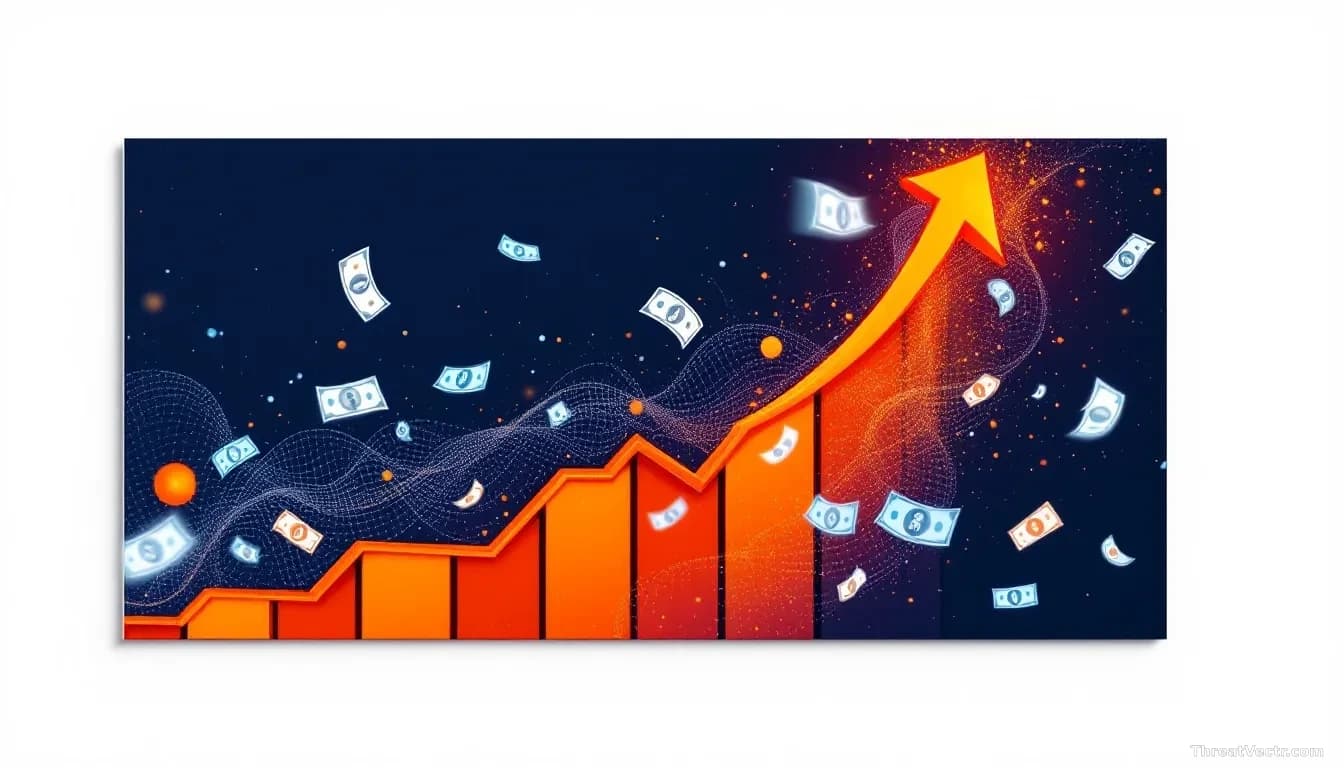 A graph showing an upward trend line spiking dramatically, with visual representations of money and compromised data swirling around it, depicting the escalatin