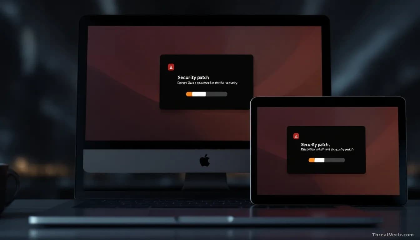 A collection of device screens—laptop, tablet, smartphone—each displaying a security patch notification downloading simultaneously, with progress bars advancing