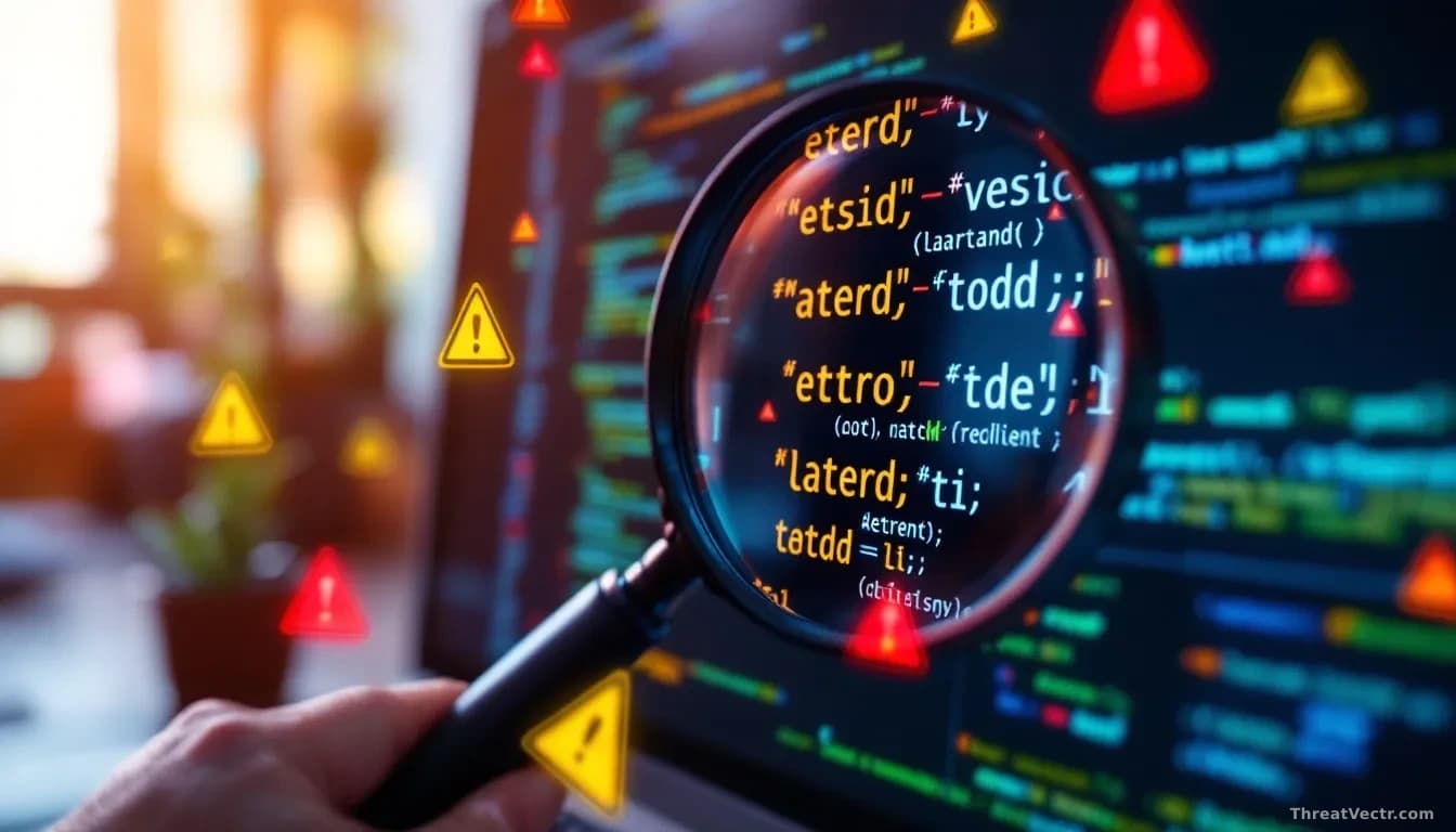 A developer's workstation screen showing lines of code being examined under a magnifying glass, with warning symbols floating in the digital space around it, re