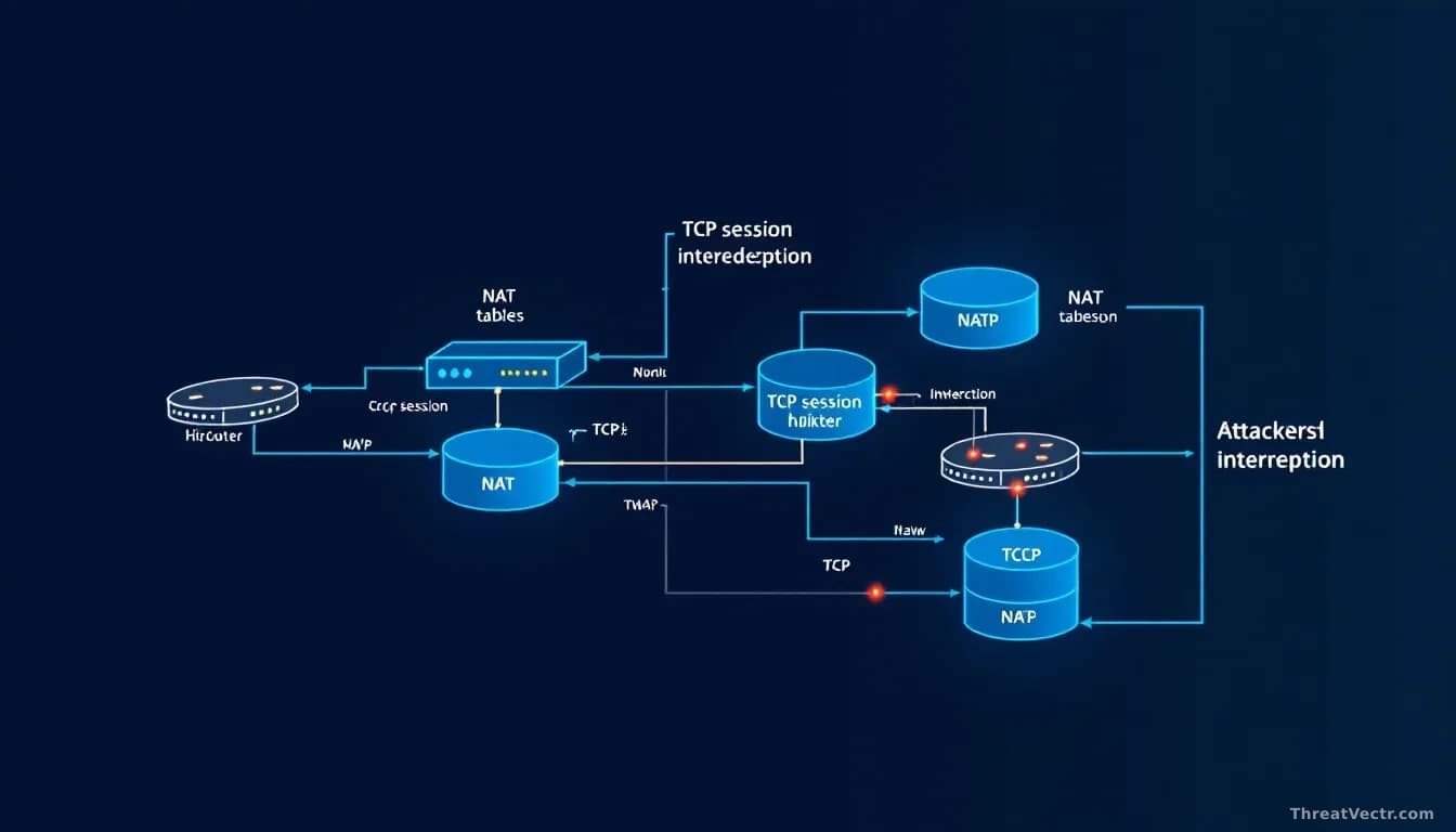 A network diagram showing router NAT tables and TCP session connections being hijacked and redirected, with attackers' interception points highlighted in the da